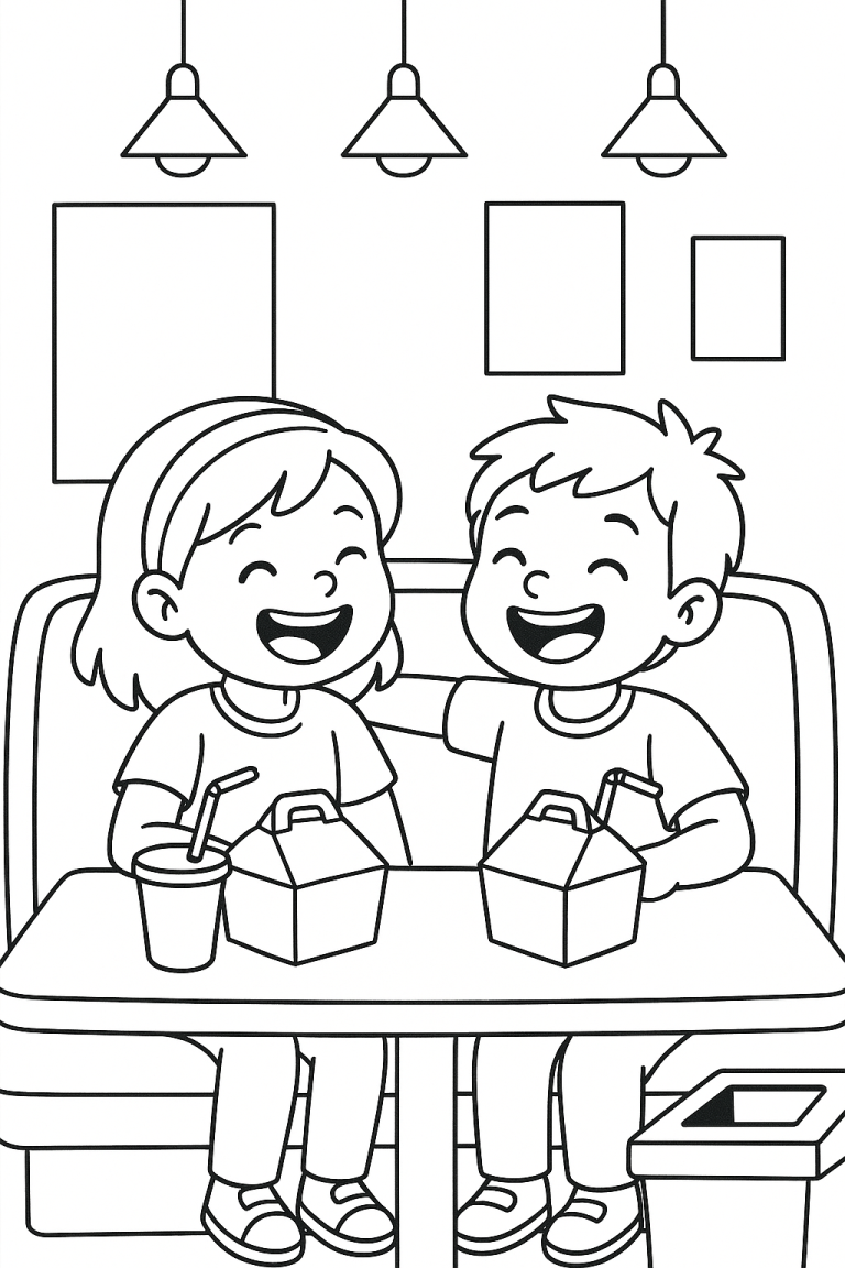 Kids enjoying meals at a restaurant coloring page