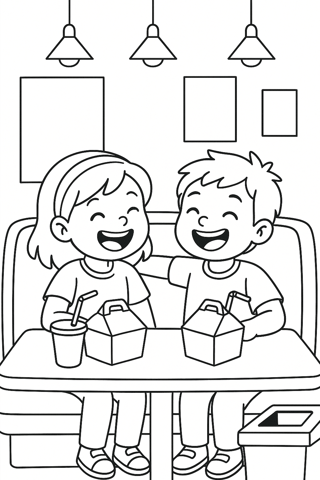 Kids enjoying meals at a restaurant coloring page