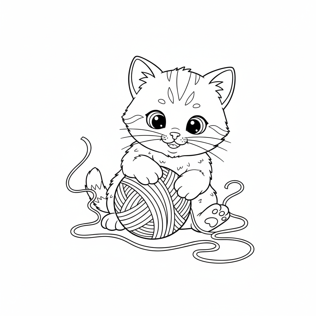 Cute kitten playing with a ball of yarn