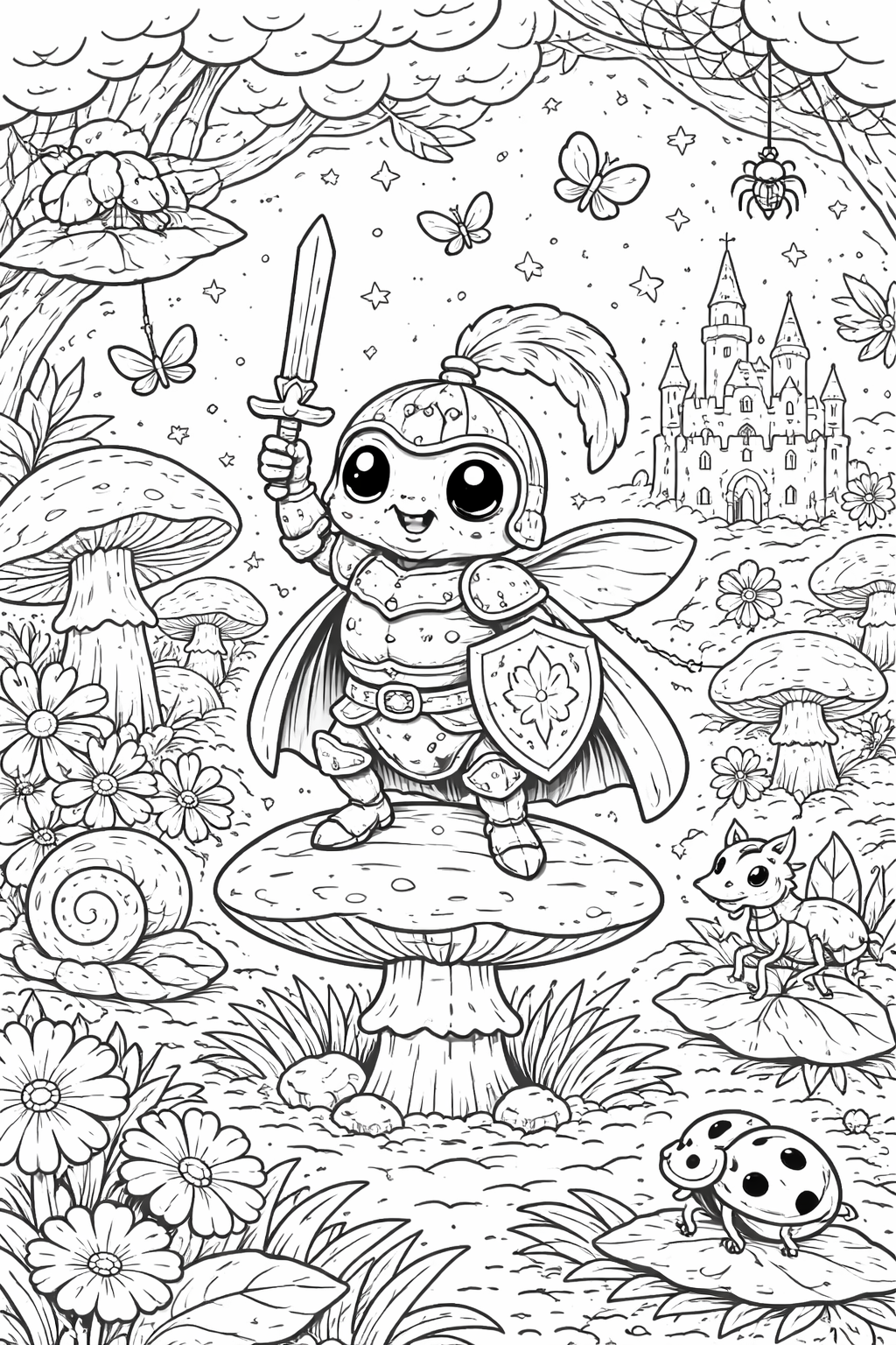 A bug knight with a sword on a toadstool in a fantasy forest