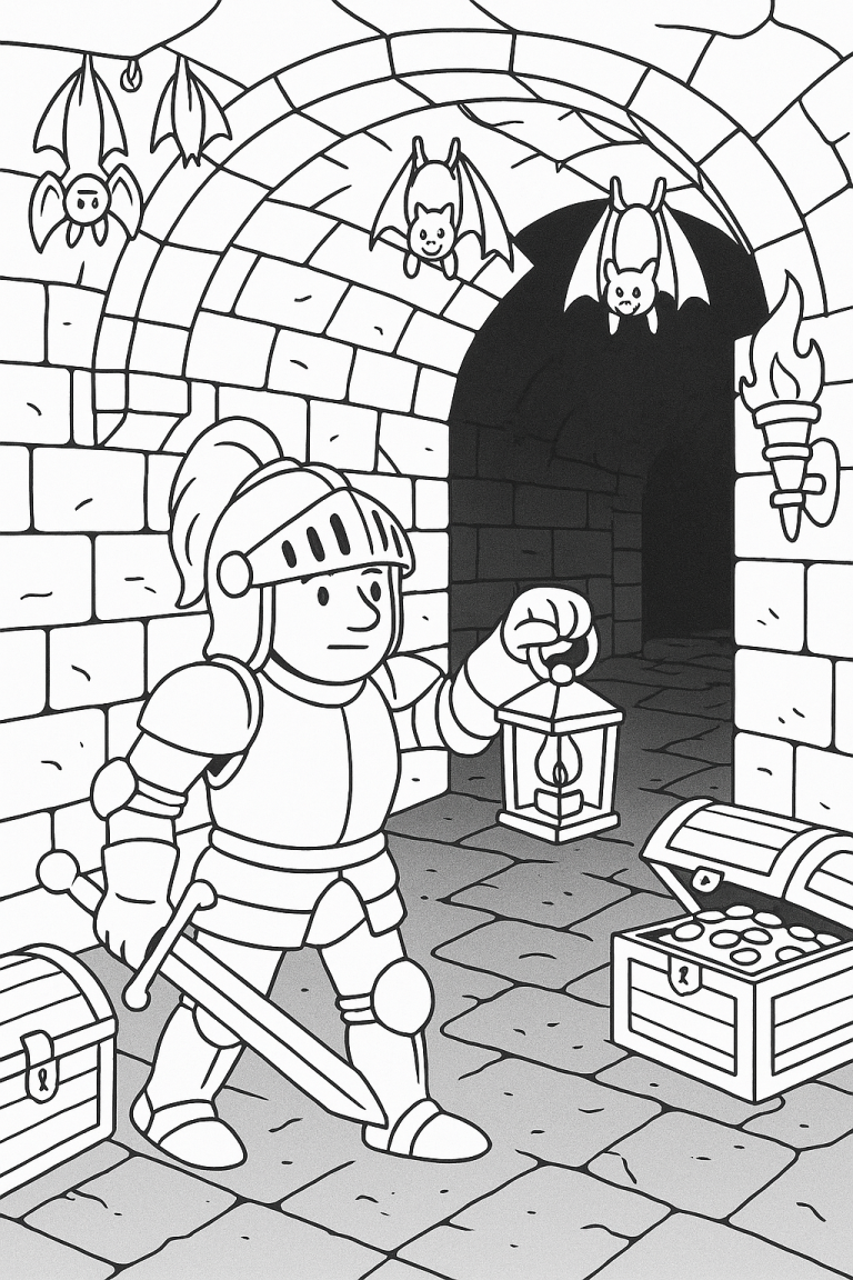 Knight exploring dungeon with treasure