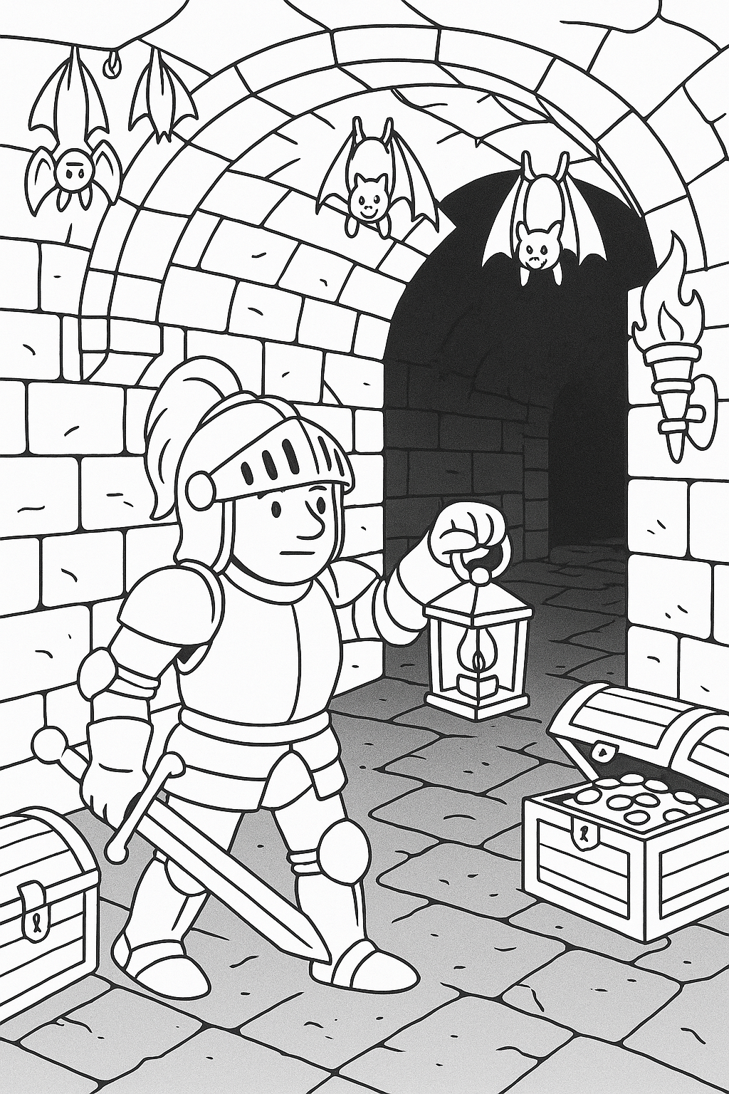 Knight exploring dungeon with treasure