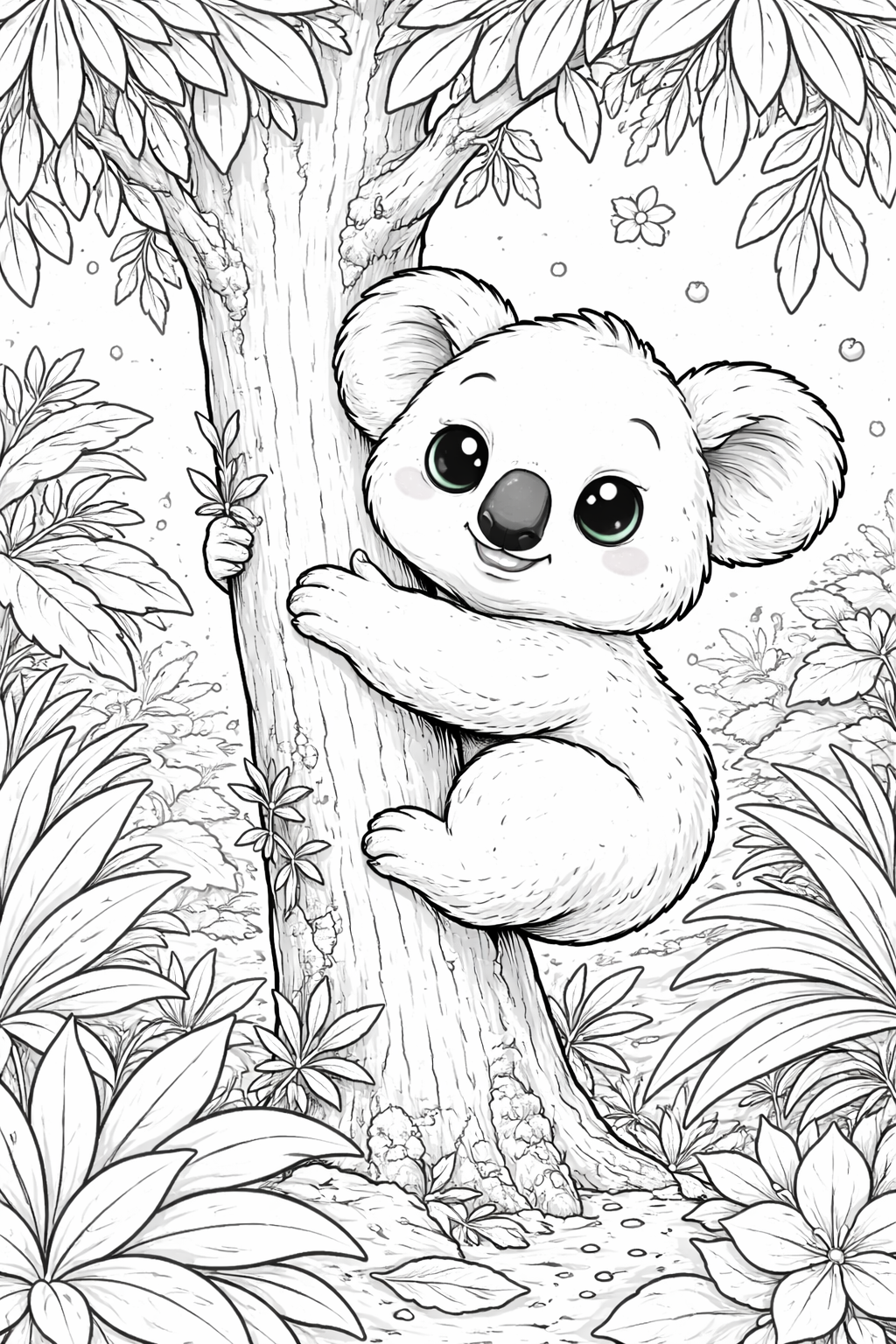 Cute koala on tree coloring page