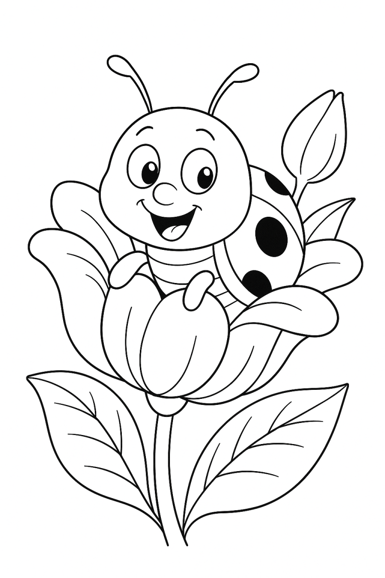 Smiling ladybug sitting on a flower coloring page
