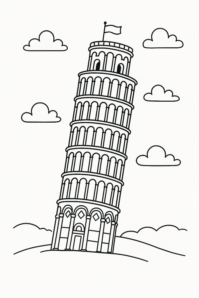 Leaning Tower of Pisa coloring page with clouds