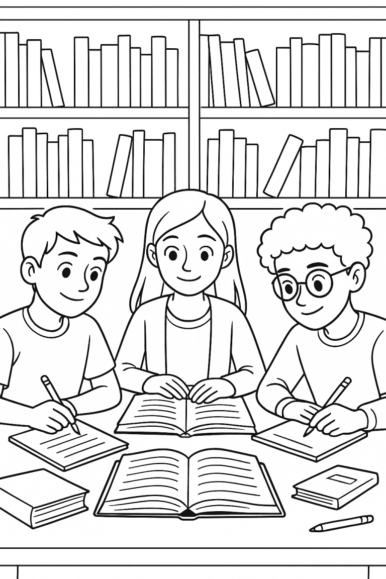 Children coloring page in a library setting