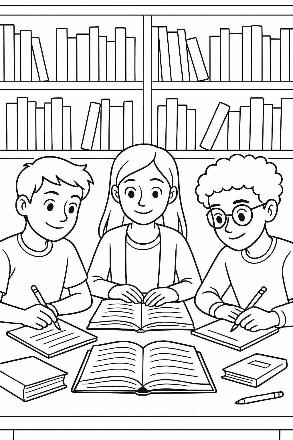 Children coloring page in a library setting