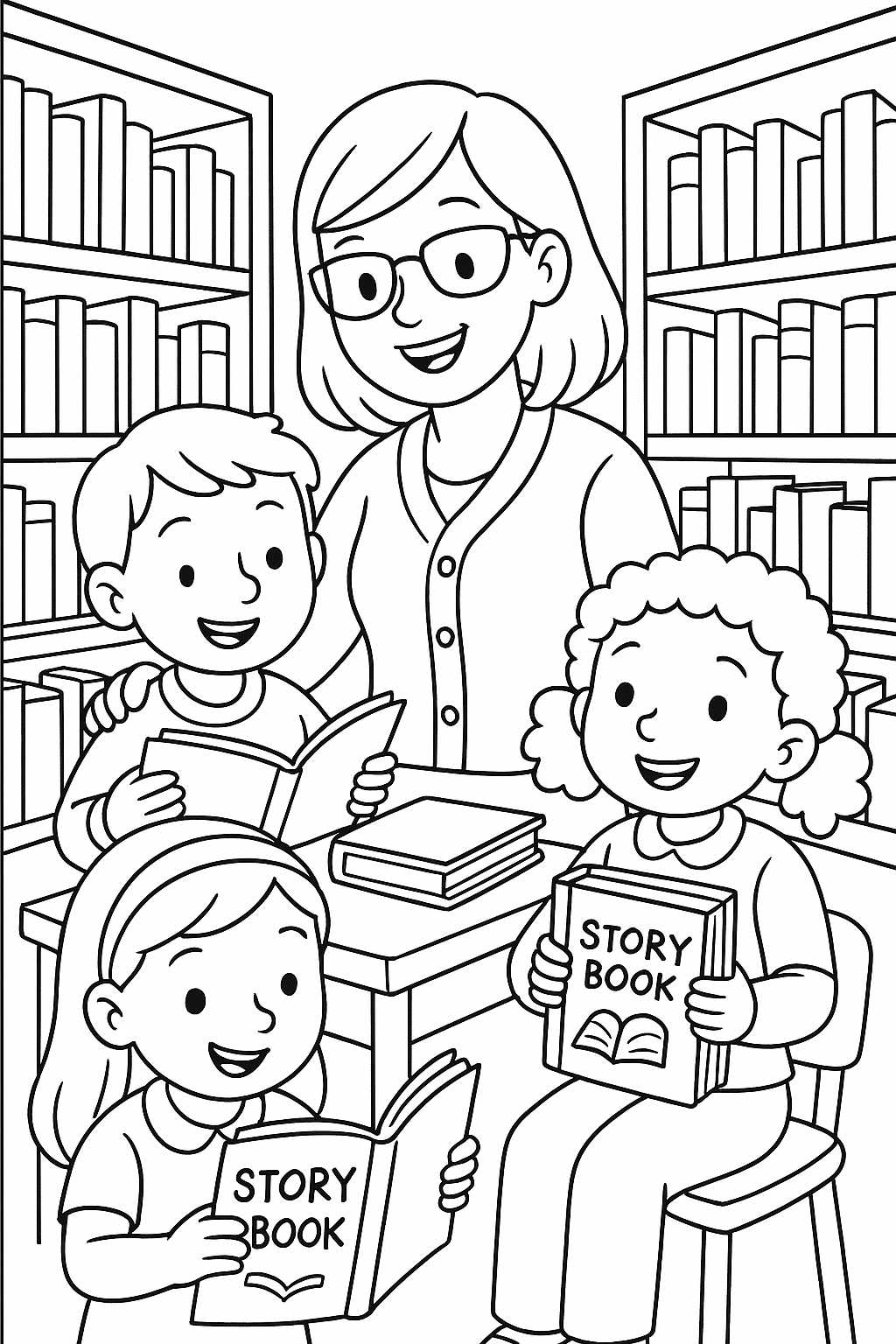 Children enjoying storytime in a library coloring page
