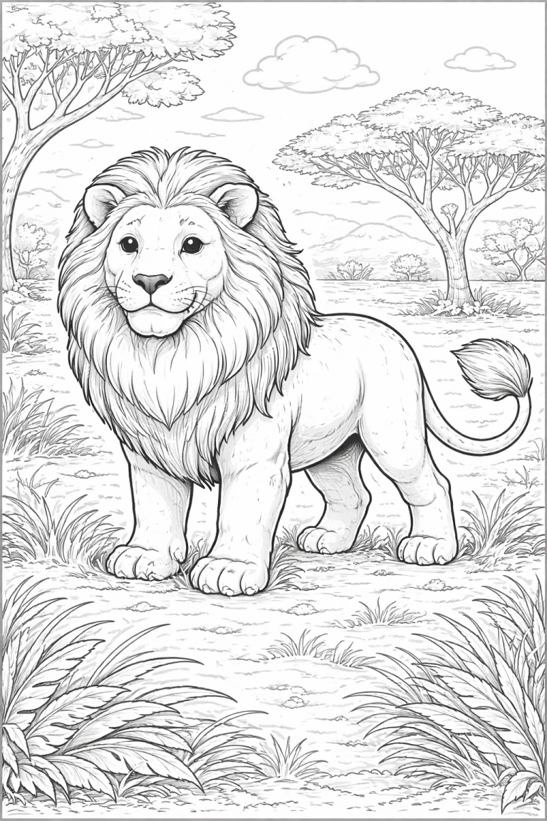 Lion coloring page featuring a detailed lion in a safari setting