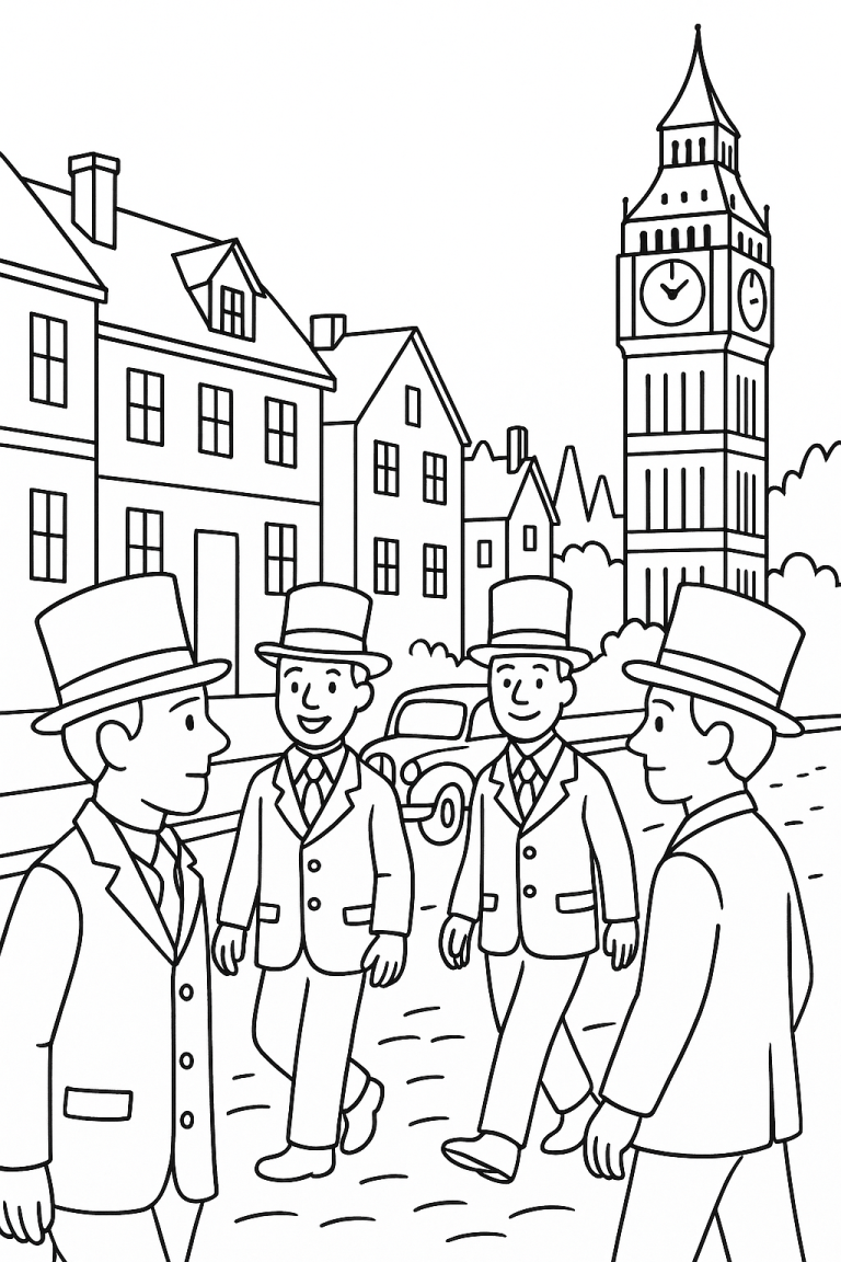 Children's coloring page of London with Big Ben and people in hats