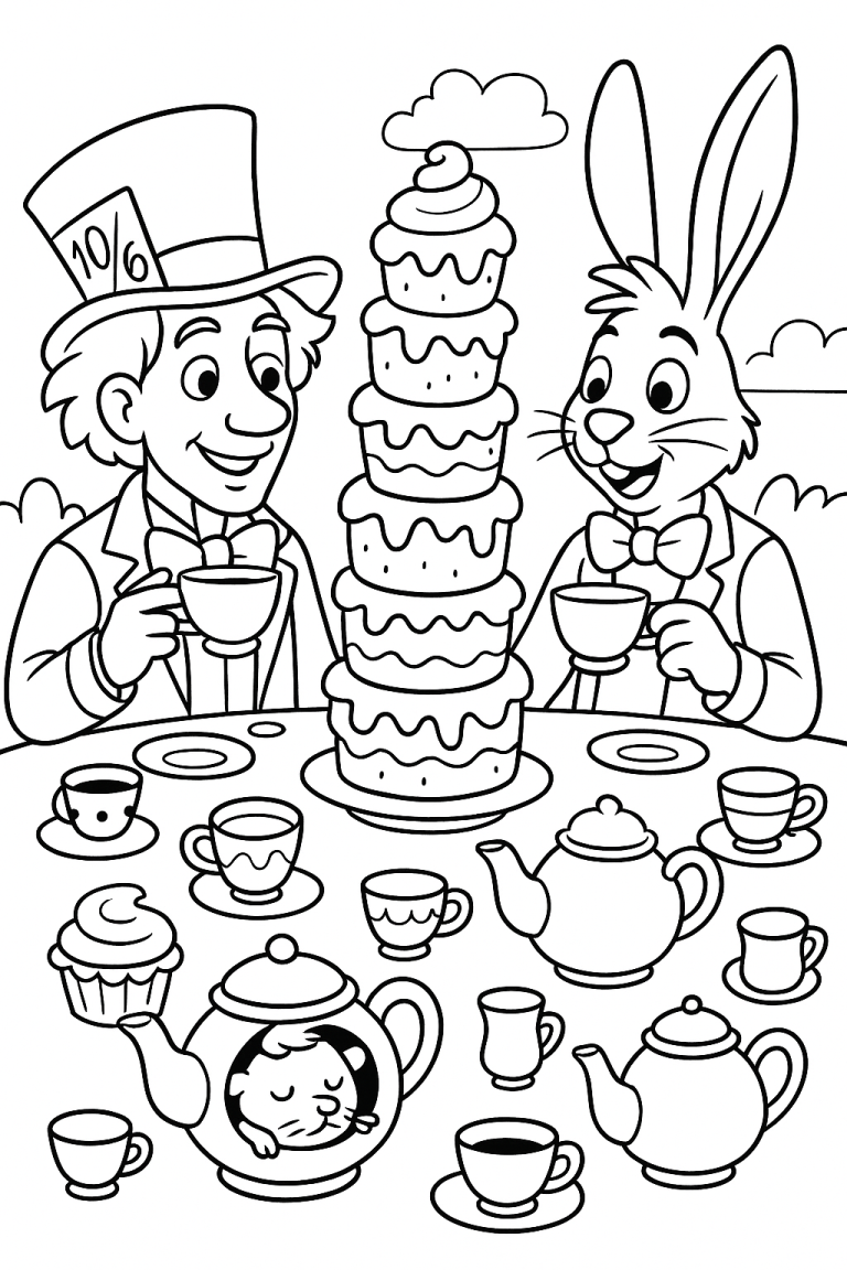 Mad Hatter and rabbit at a tea party coloring page