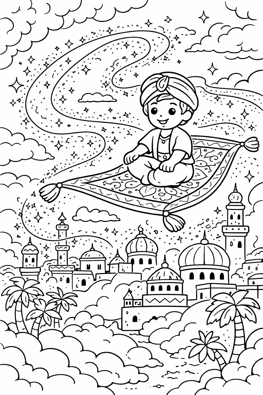 Child flying on a magic carpet over city
