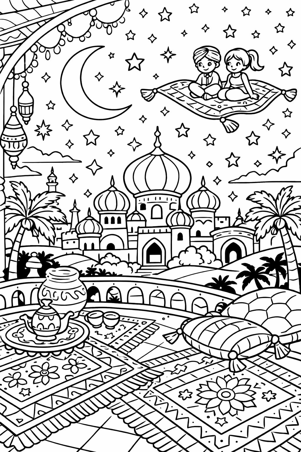 Children on a magic carpet flying over a cityscape
