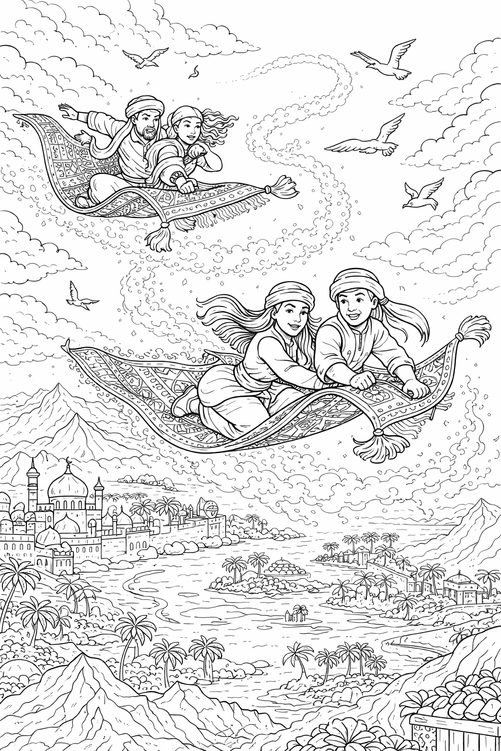 Children on magic carpets flying over a fantasy cityscape.