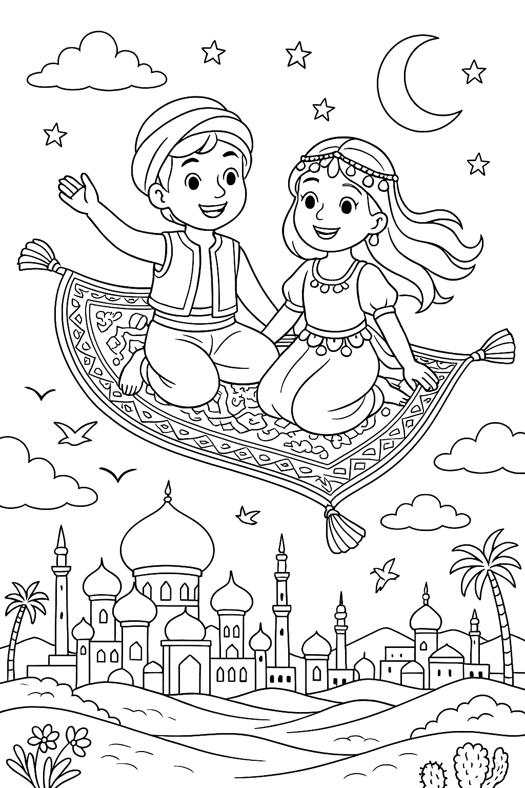 Two characters on a magic carpet flying over a city.