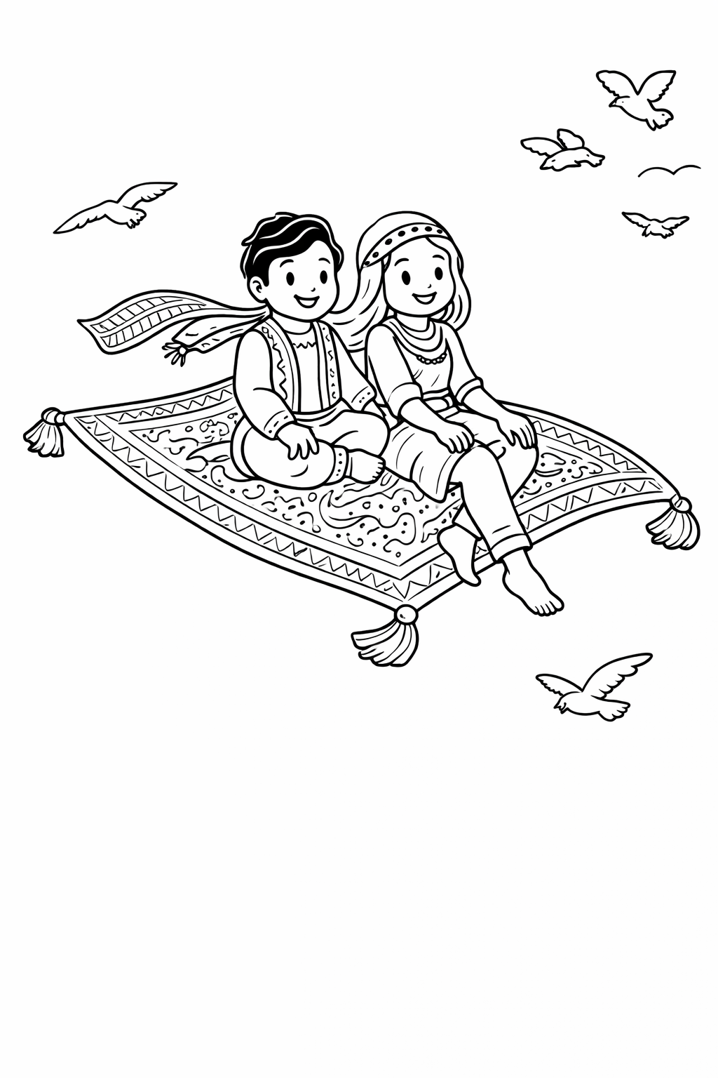 Children riding a magic carpet in the sky