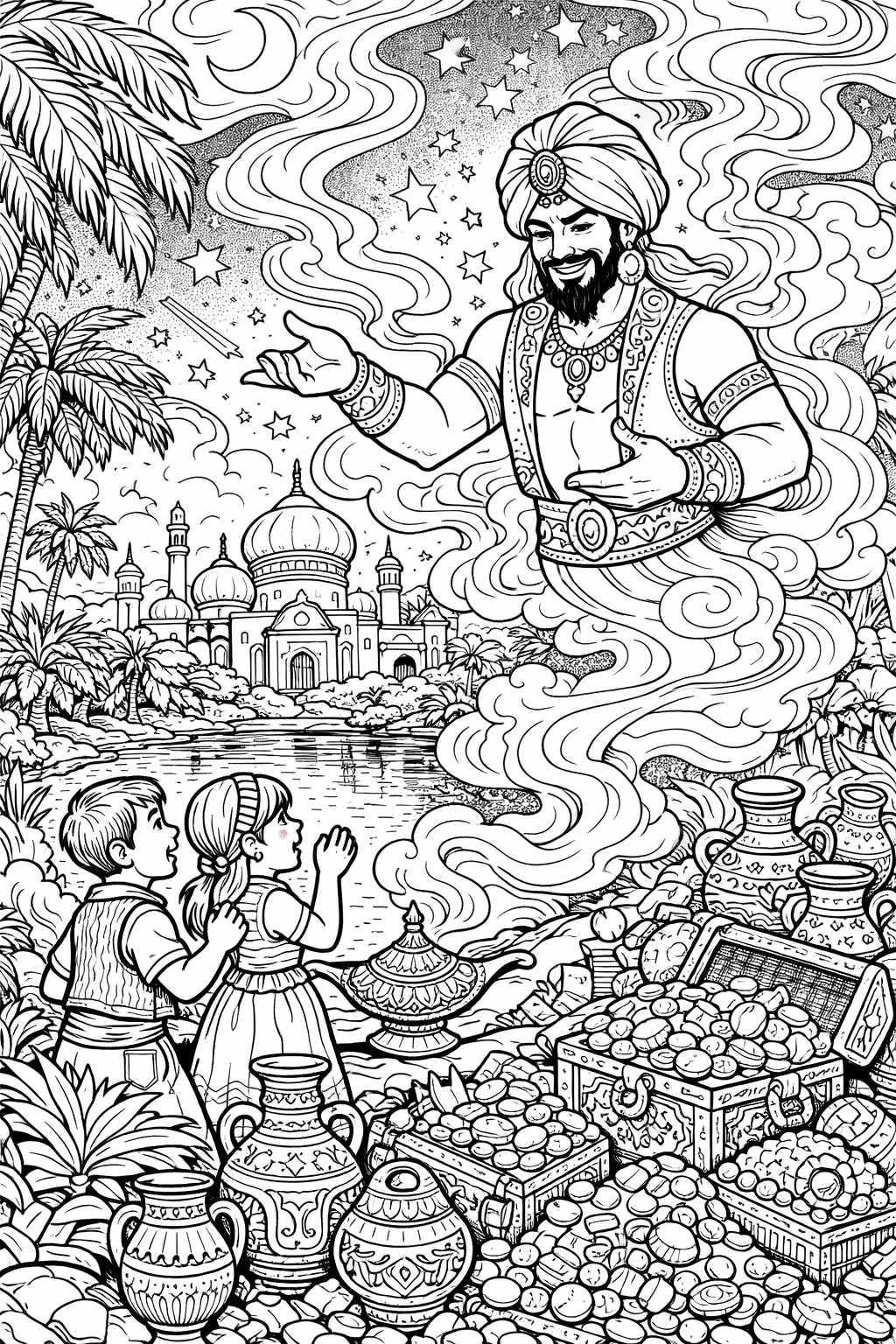 Magic genie emerging from a lamp with children looking