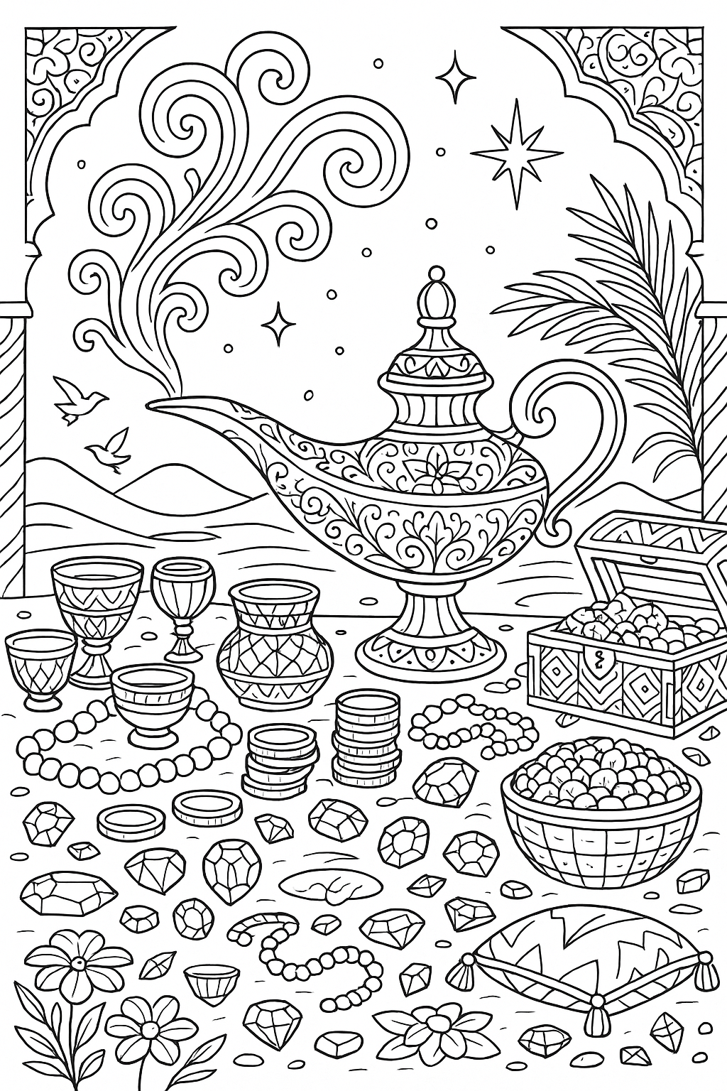 Magic lamp amidst treasures and jewels coloring page