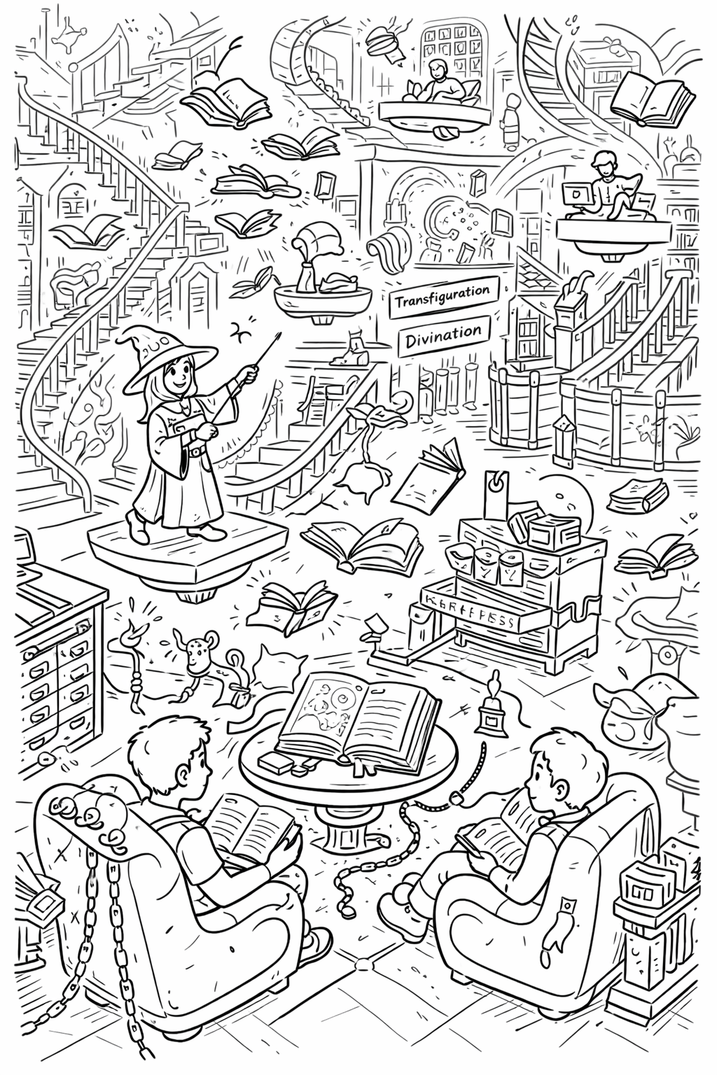 Wizard in magical library with books and platforms