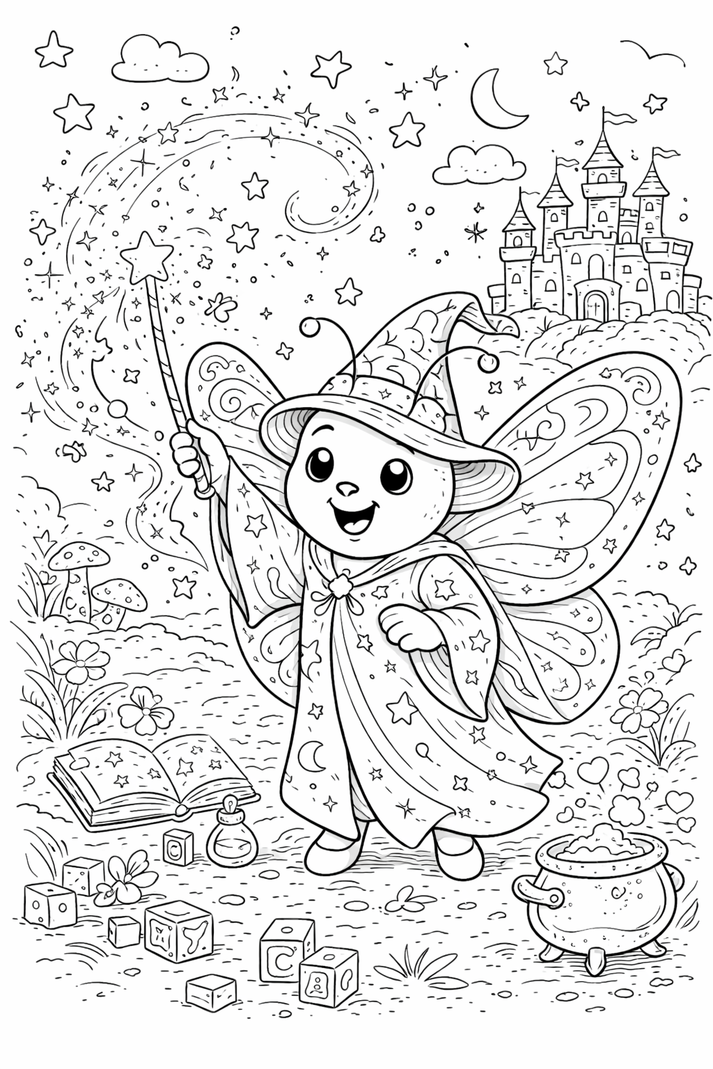 A fairy with wings casting magic near a castle.