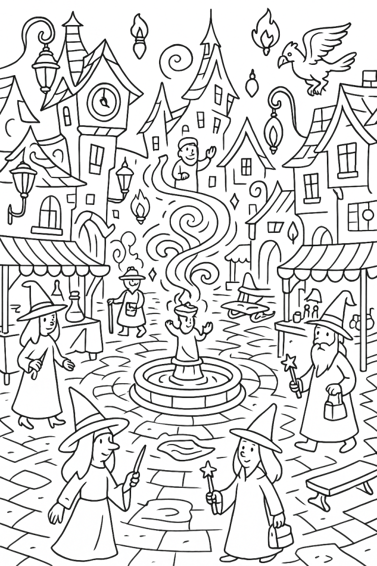 Coloring page depicting a magical village scene with witches and wizards.