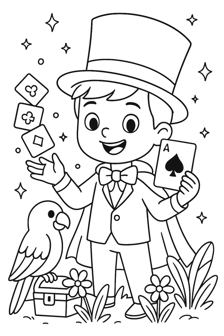 A magician boy with a hat, holding cards, next to a parrot.