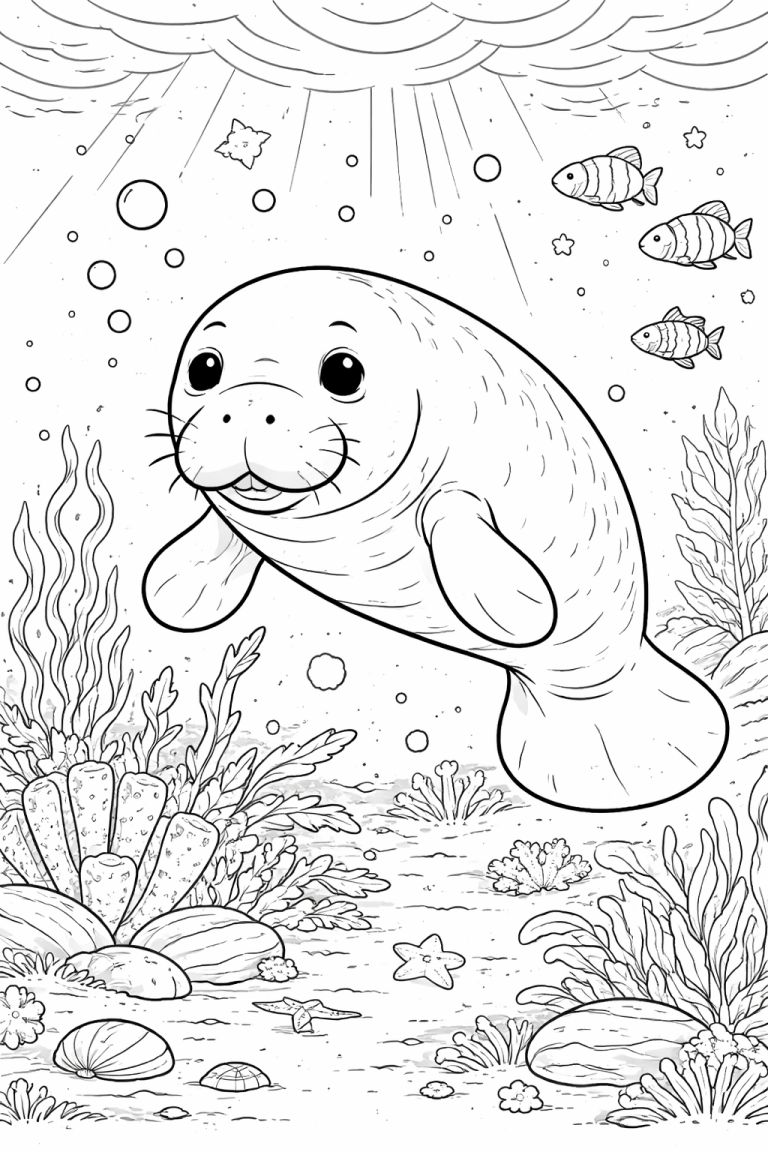 Coloring page featuring a manatee and underwater scene