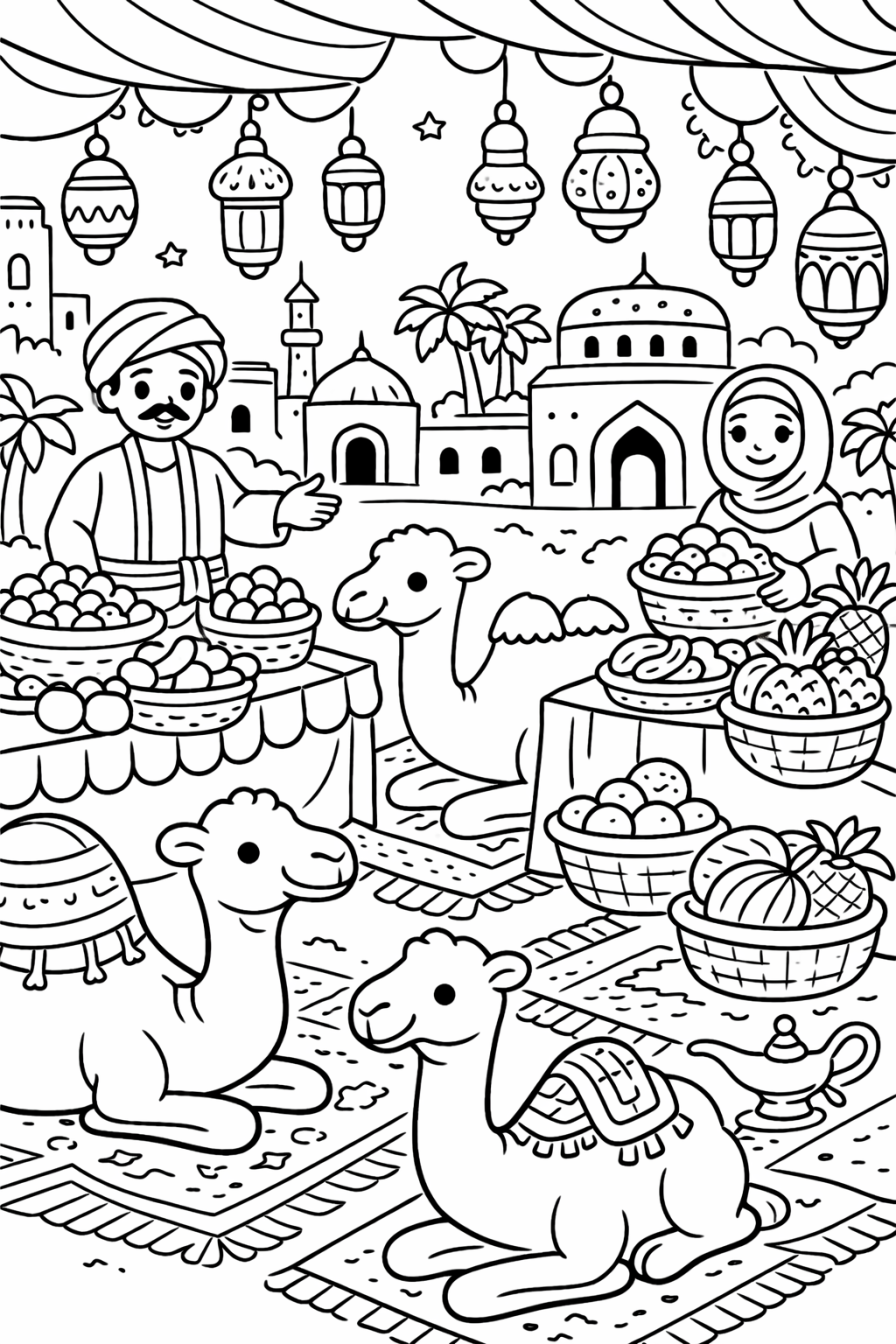 Coloring page of a market scene with camels and people.
