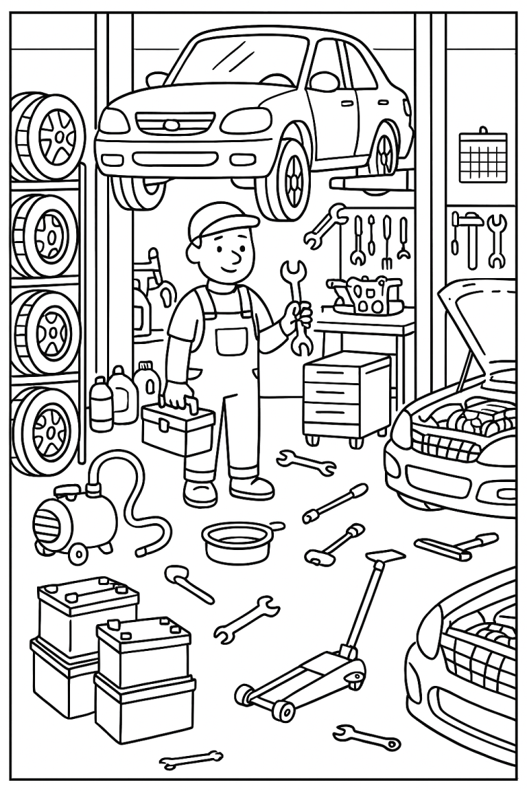 Children's coloring page of a mechanic workshop