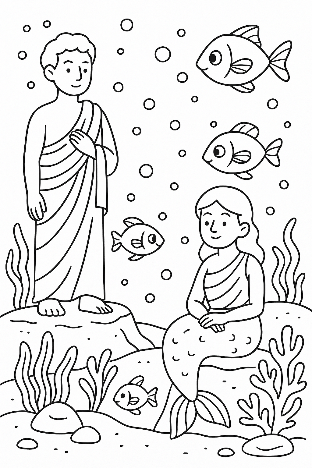 Children's coloring page featuring a mermaid and sea creatures