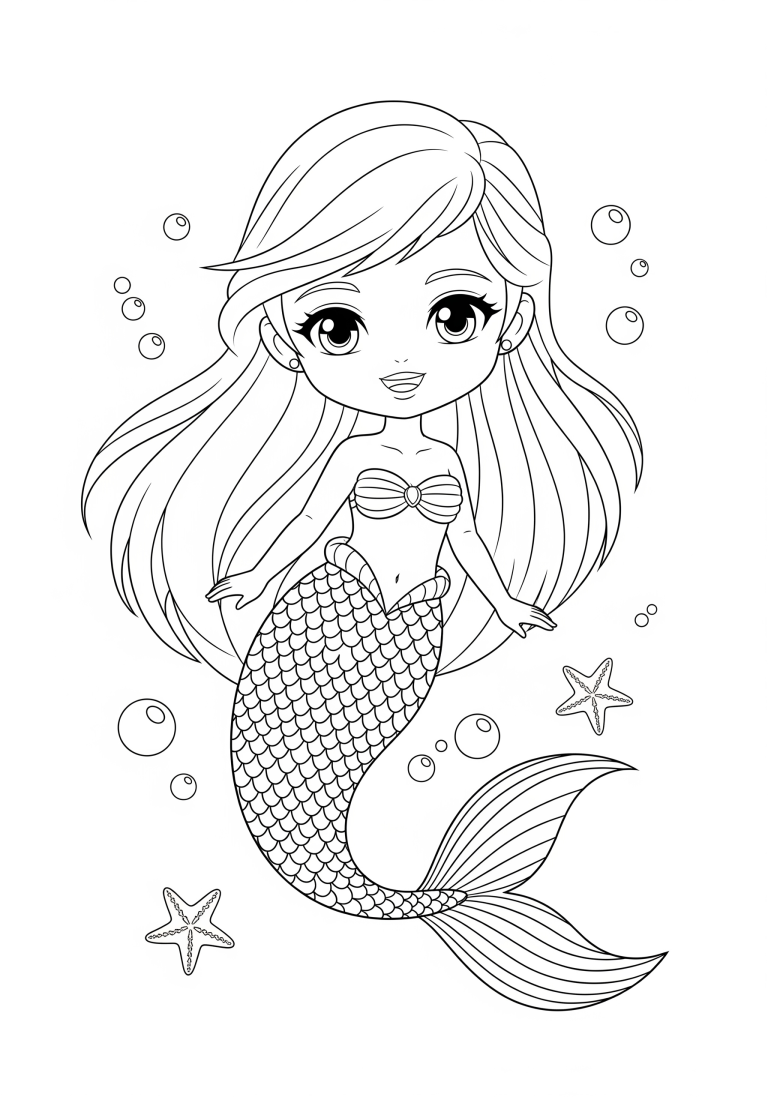Children's coloring page featuring a cute mermaid with bubbles and starfish.