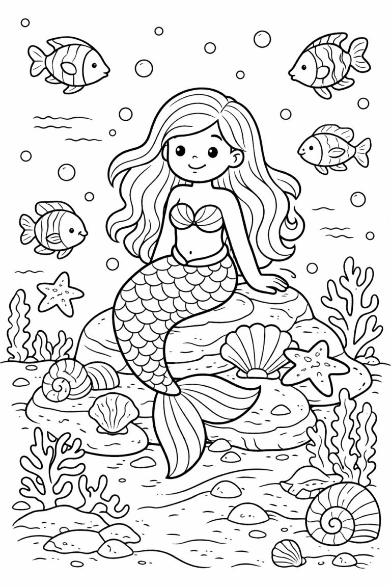 Children's mermaid coloring page with fish and seashells