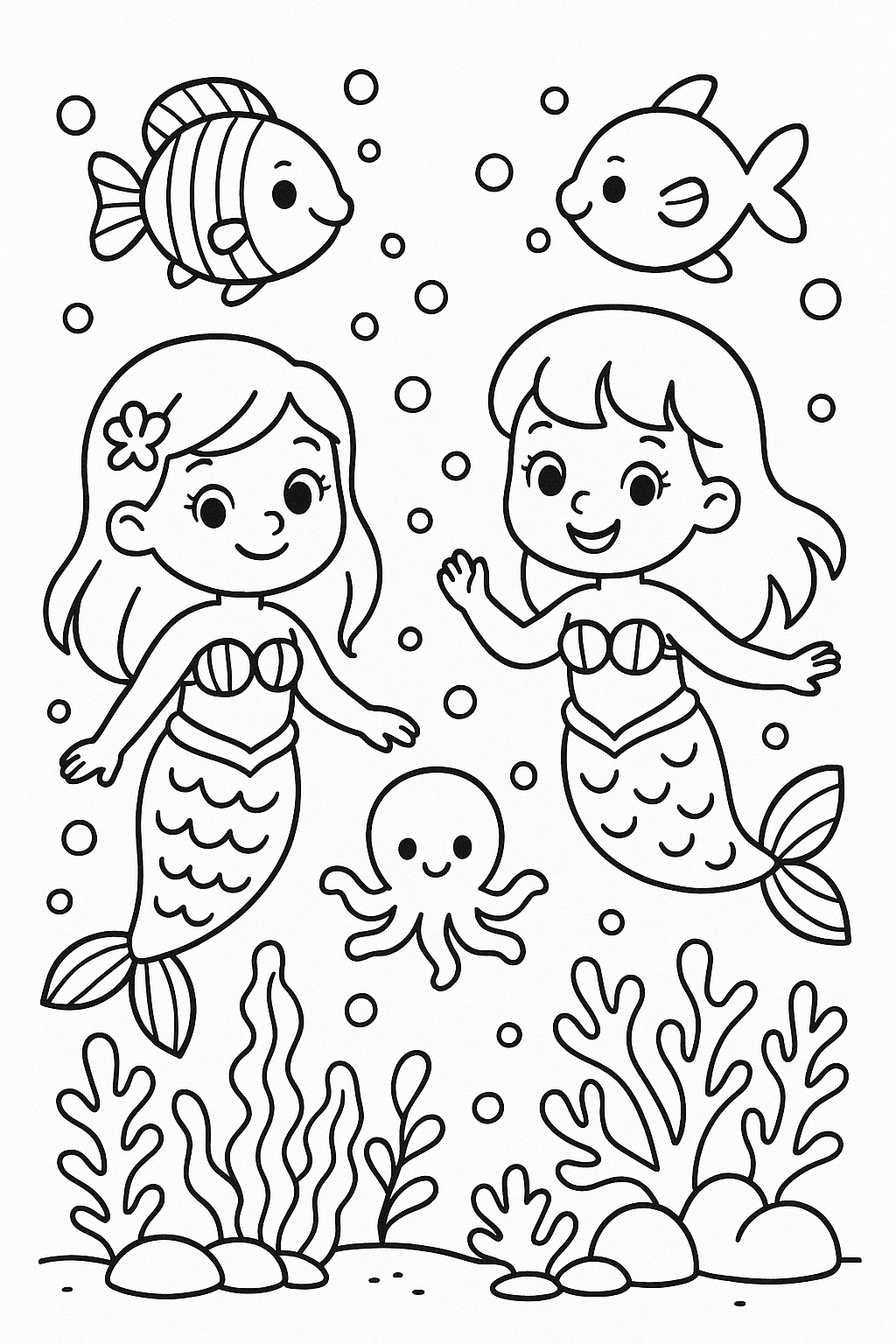 Mermaid coloring page with sea creatures and corals