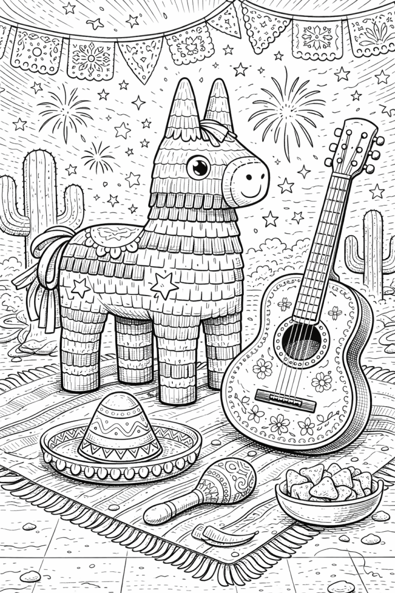 Mexican fiesta coloring page with piñata and guitar.