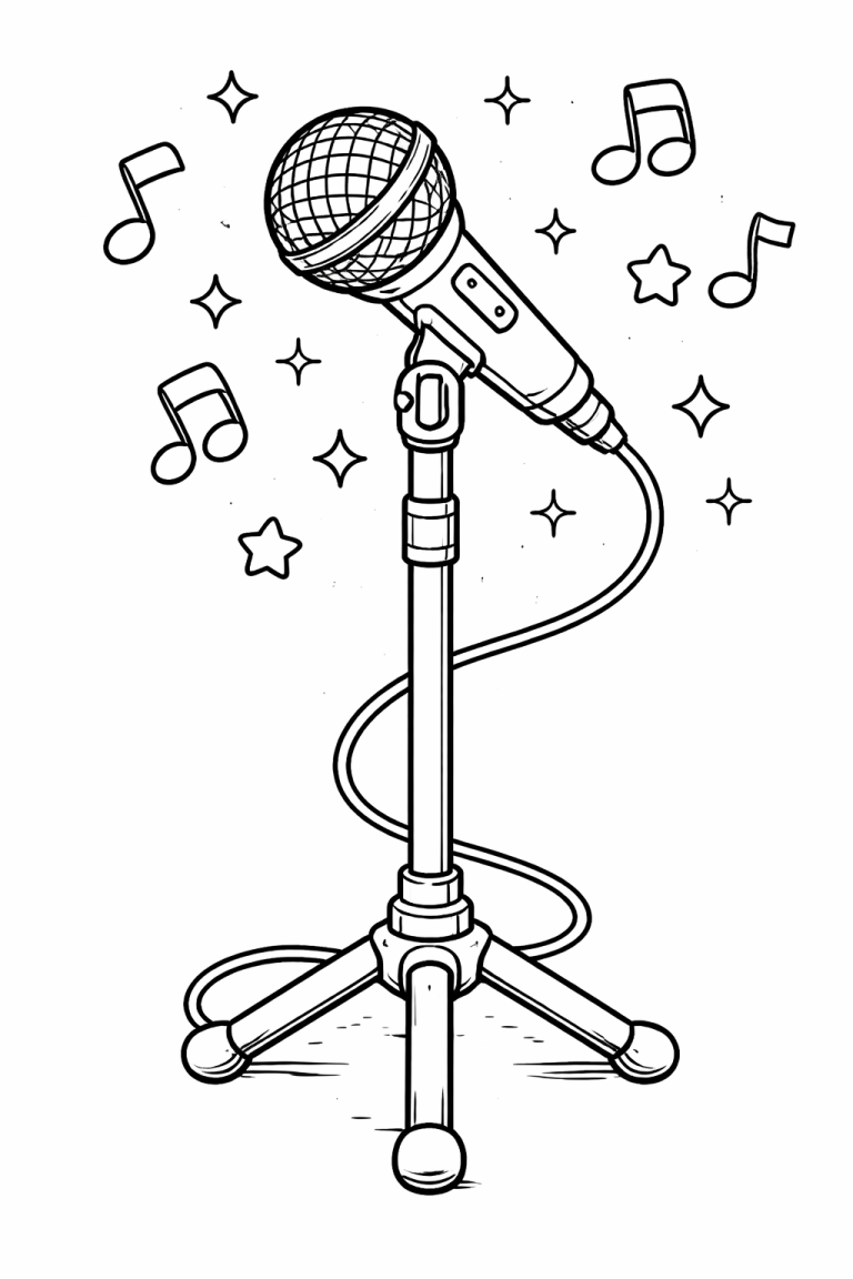 Microphone coloring page with stand and music notes