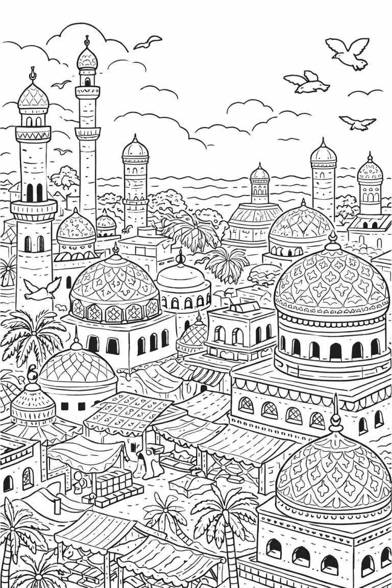 Coloring page of a Middle Eastern city with domes and markets