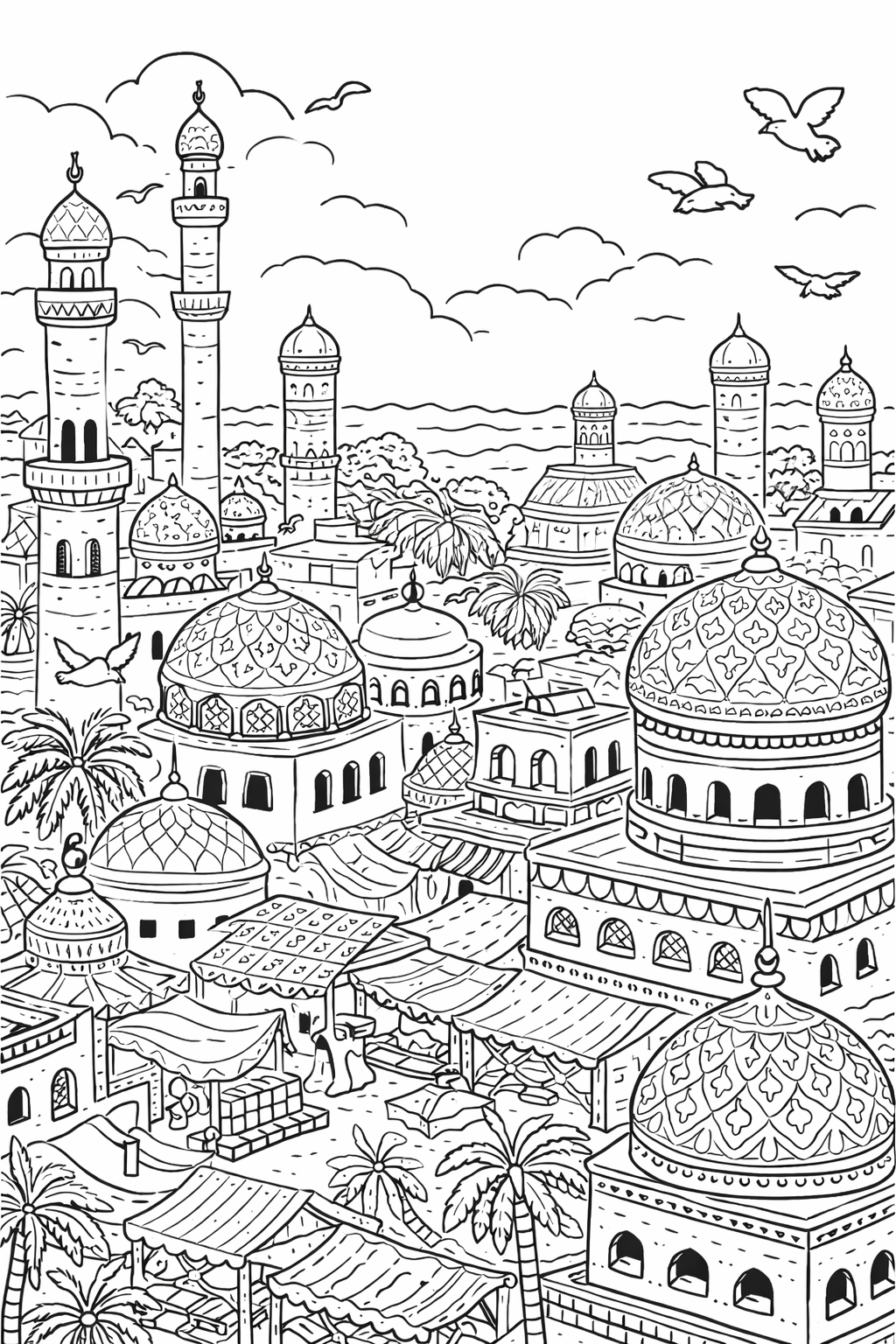 Coloring page of a Middle Eastern city with domes and markets