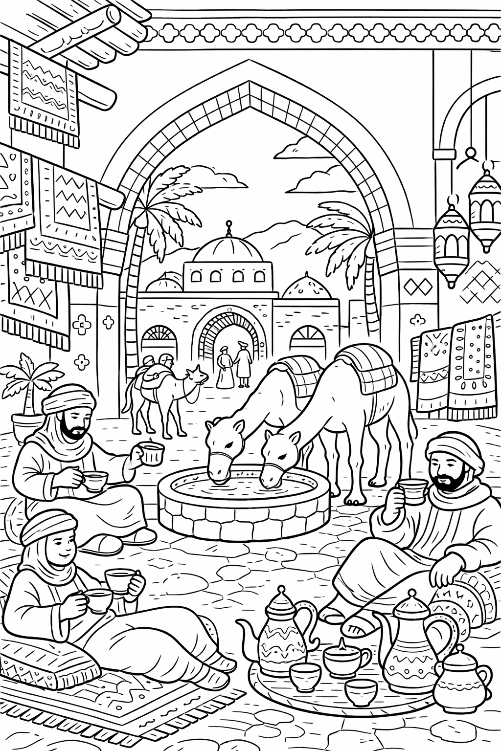 Middle Eastern marketplace coloring page with camels and tea drinkers