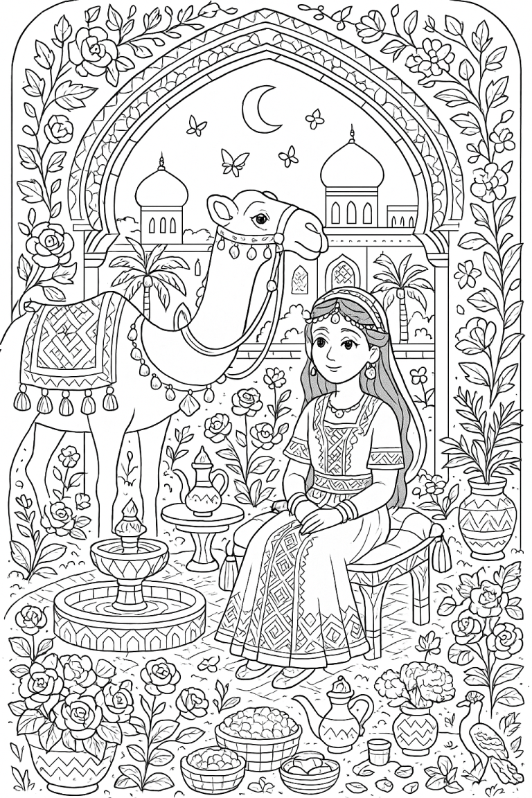 Coloring page of a Middle Eastern scene with a camel and girl.