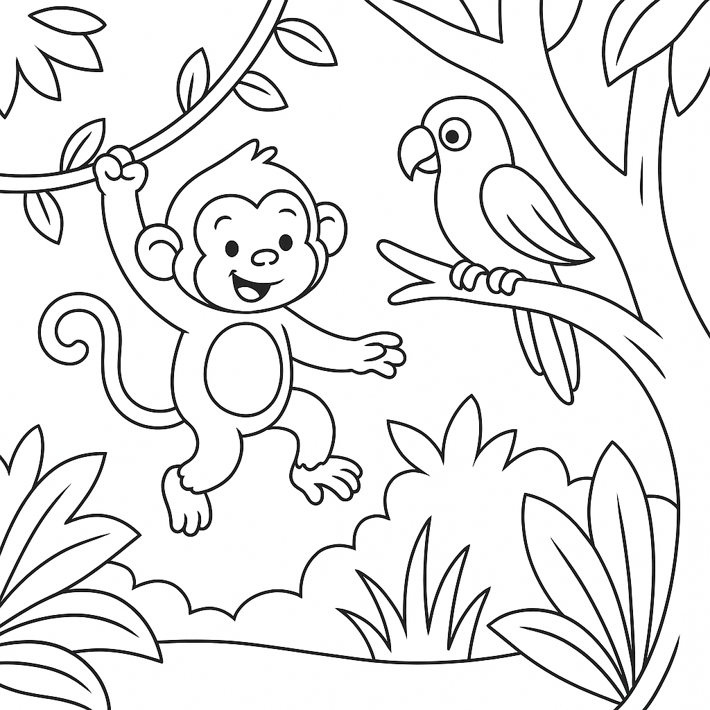 Monkey swinging from a vine with a parrot on a tree branch