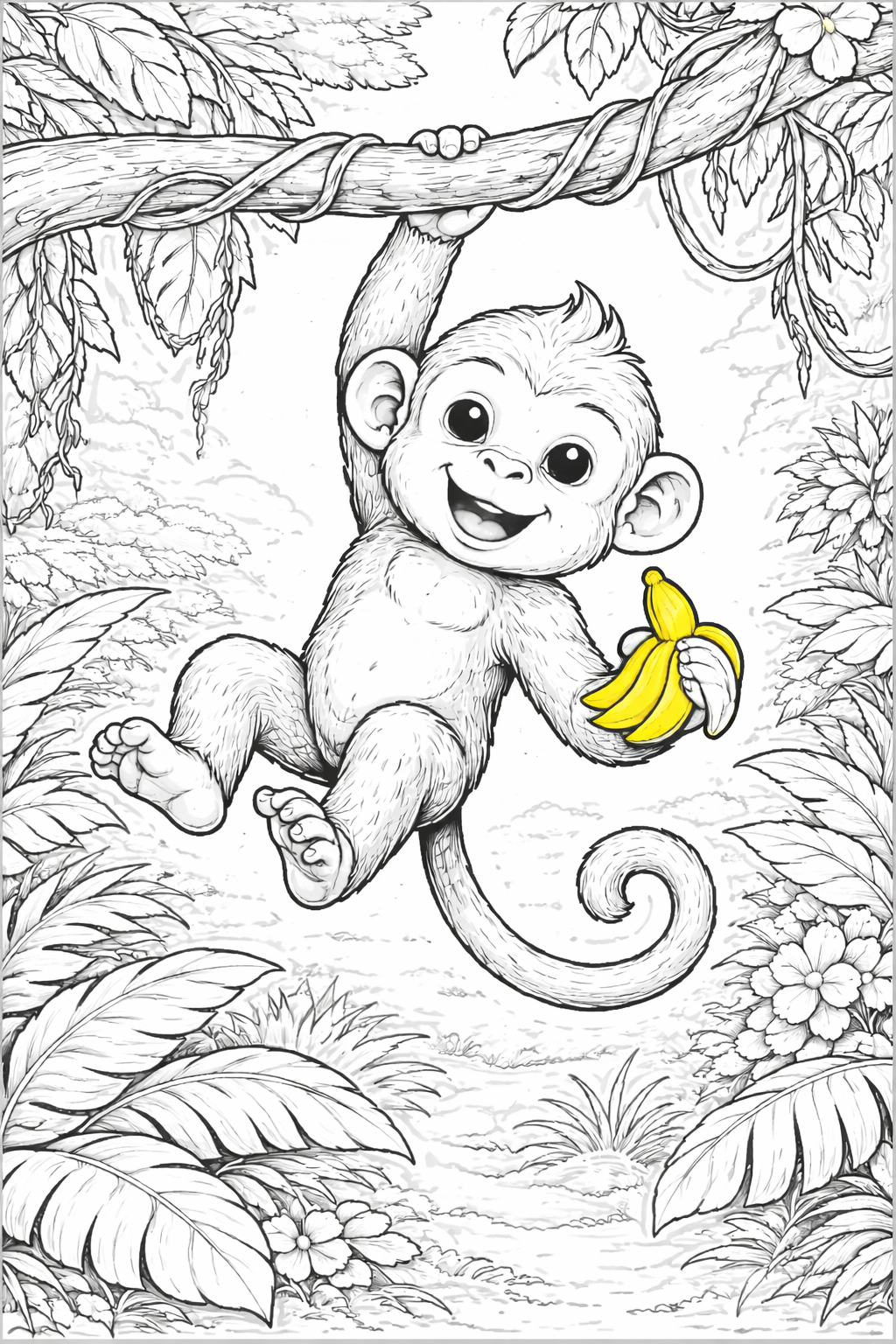 Cute monkey hanging on a branch with a banana