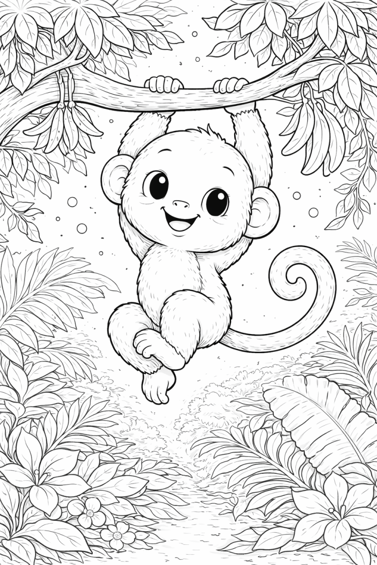 Adorable monkey hanging from a branch in the jungle coloring page.