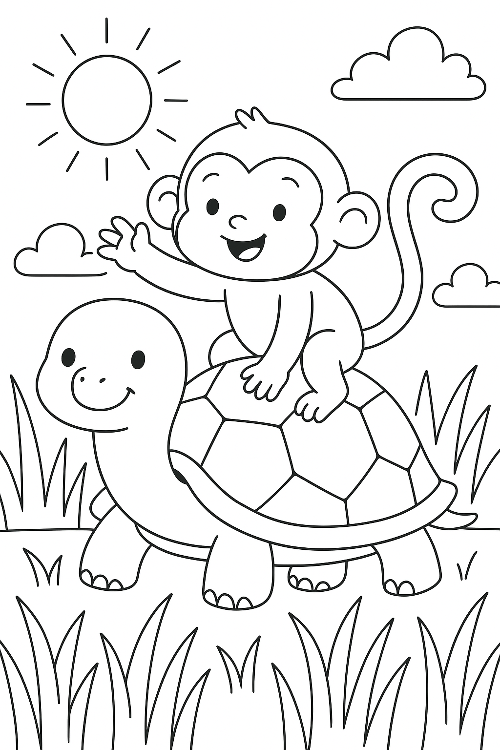 Monkey sitting on a turtle coloring page
