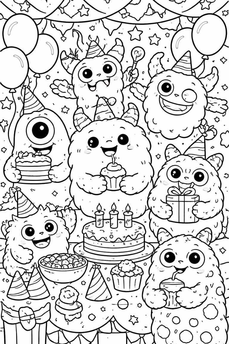 Monster birthday party coloring page with cake and presents