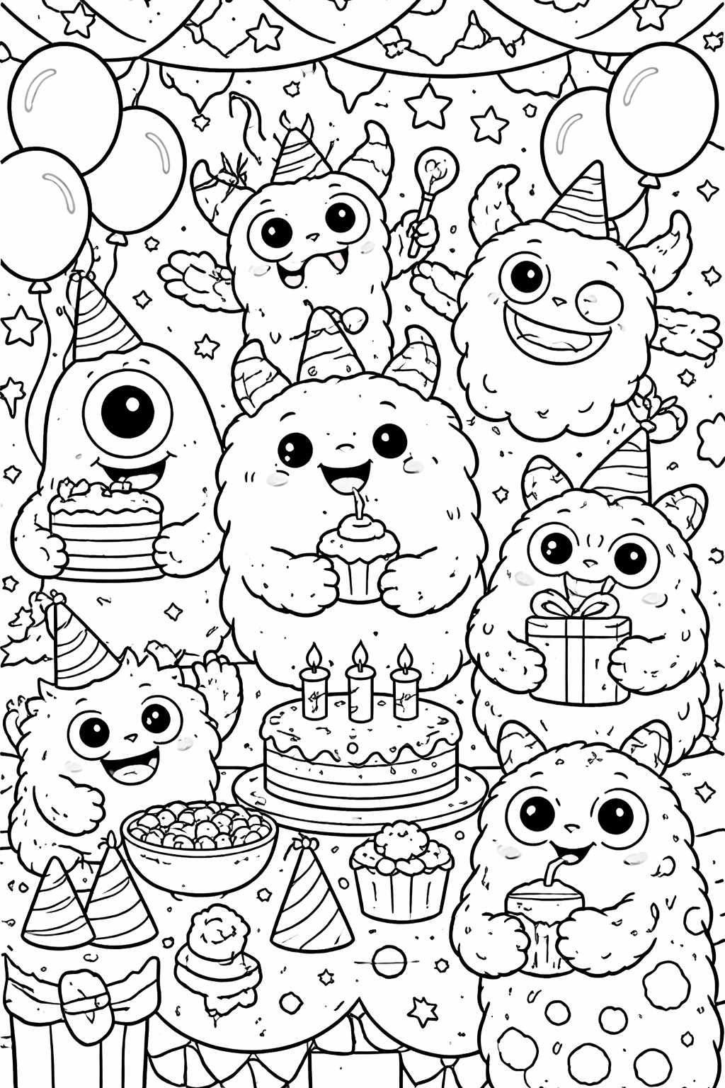 Monster birthday party coloring page with cake and presents