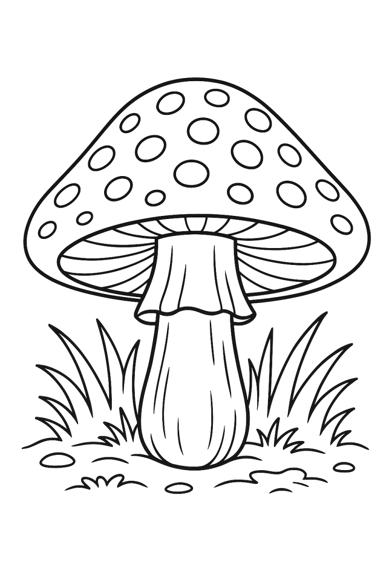 Coloring page of a large mushroom with spots.