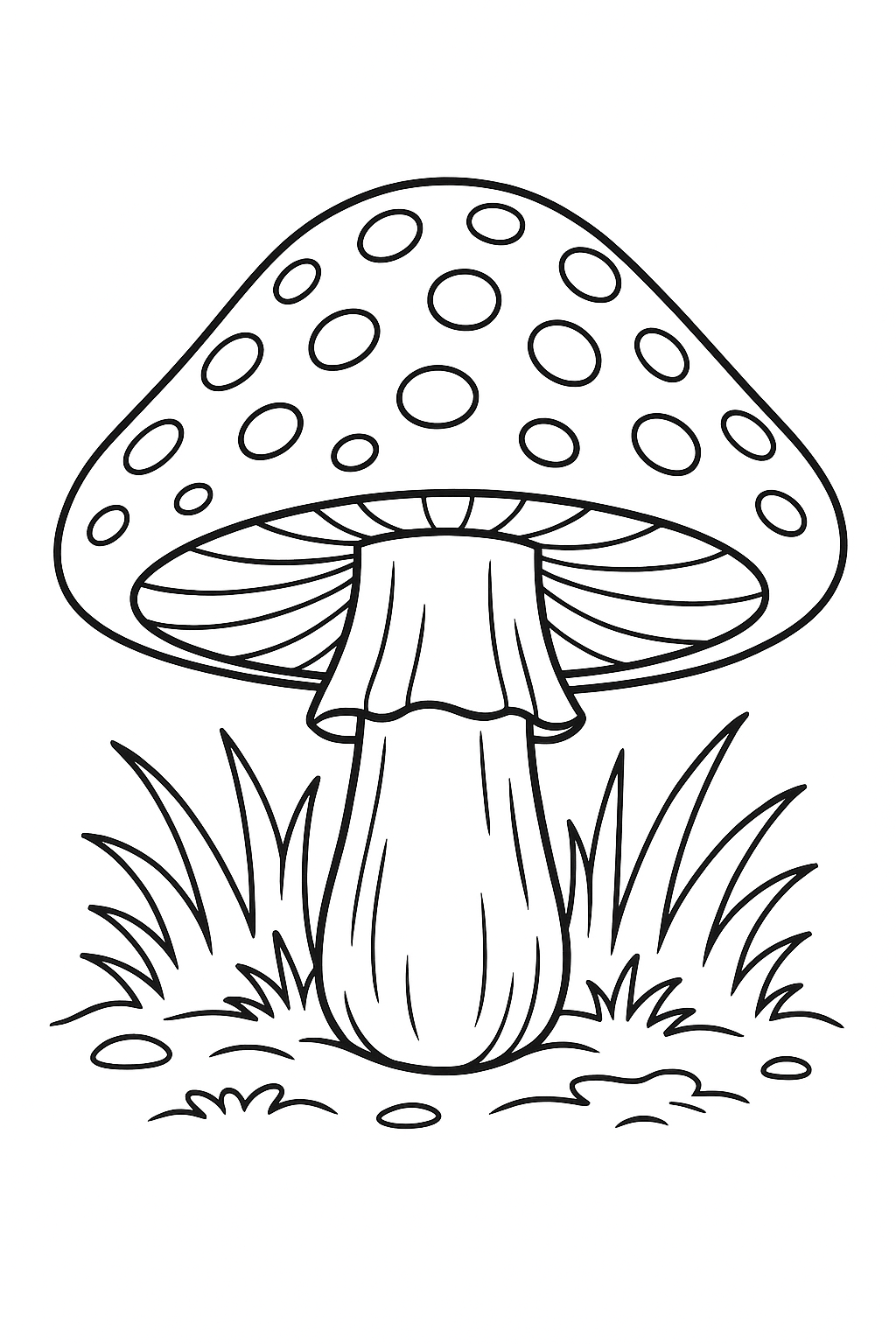 Coloring page of a large mushroom with spots.