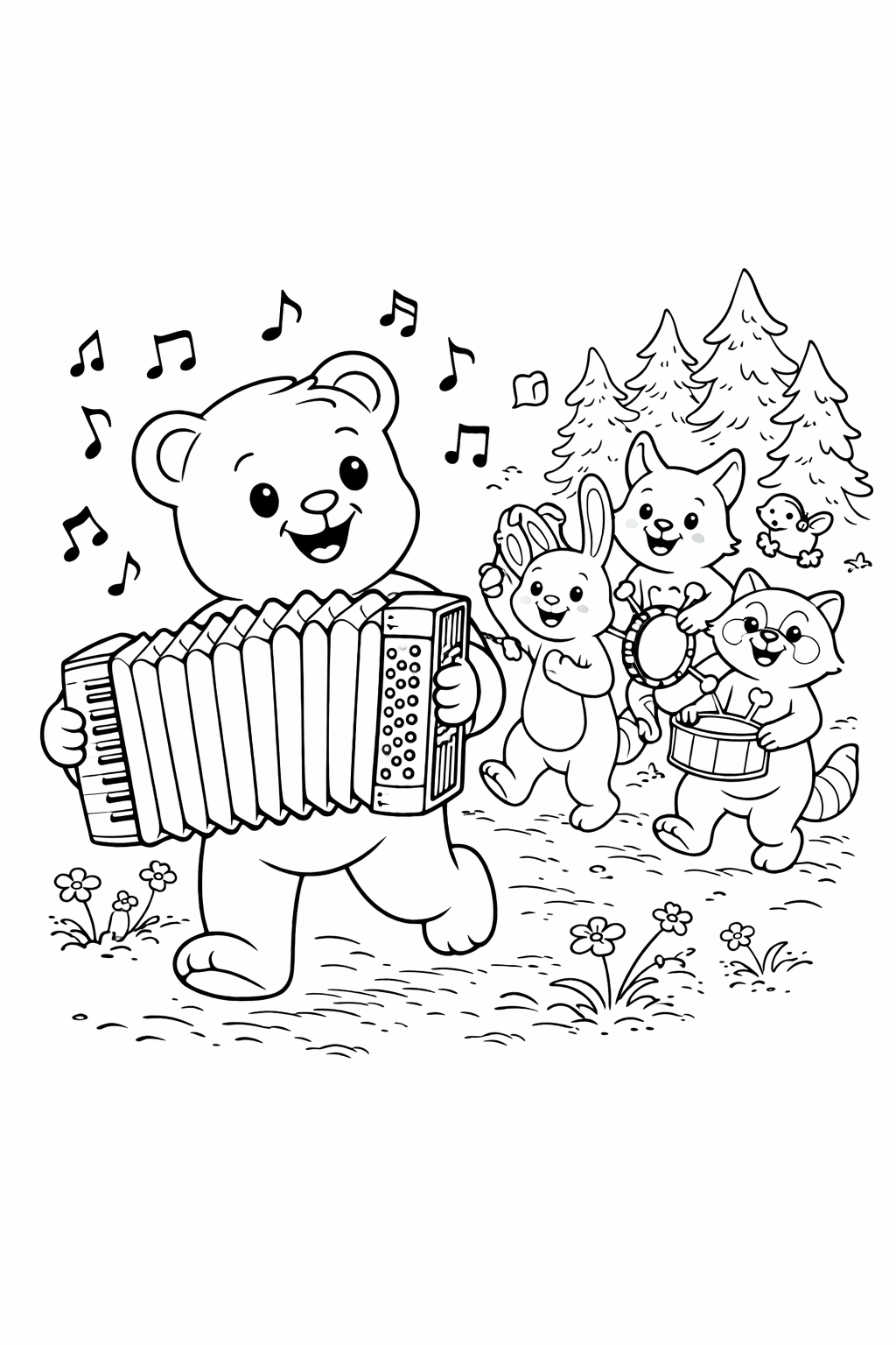 Animals playing instruments in a forest coloring page
