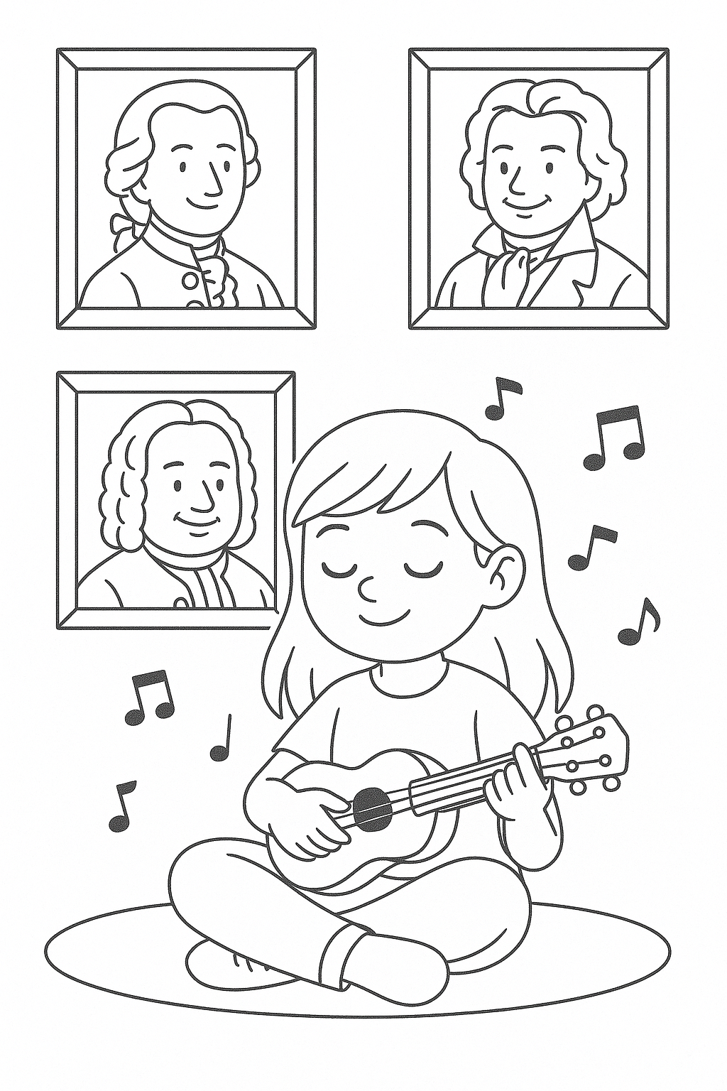 Child playing guitar with composer portraits