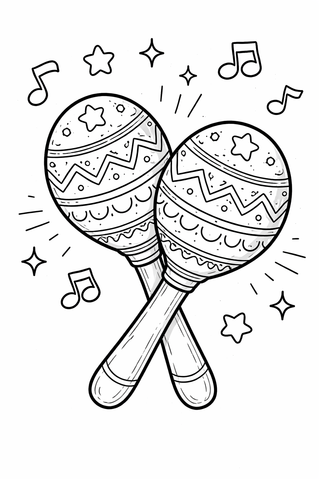 Coloring page featuring decorated maracas with musical notes.